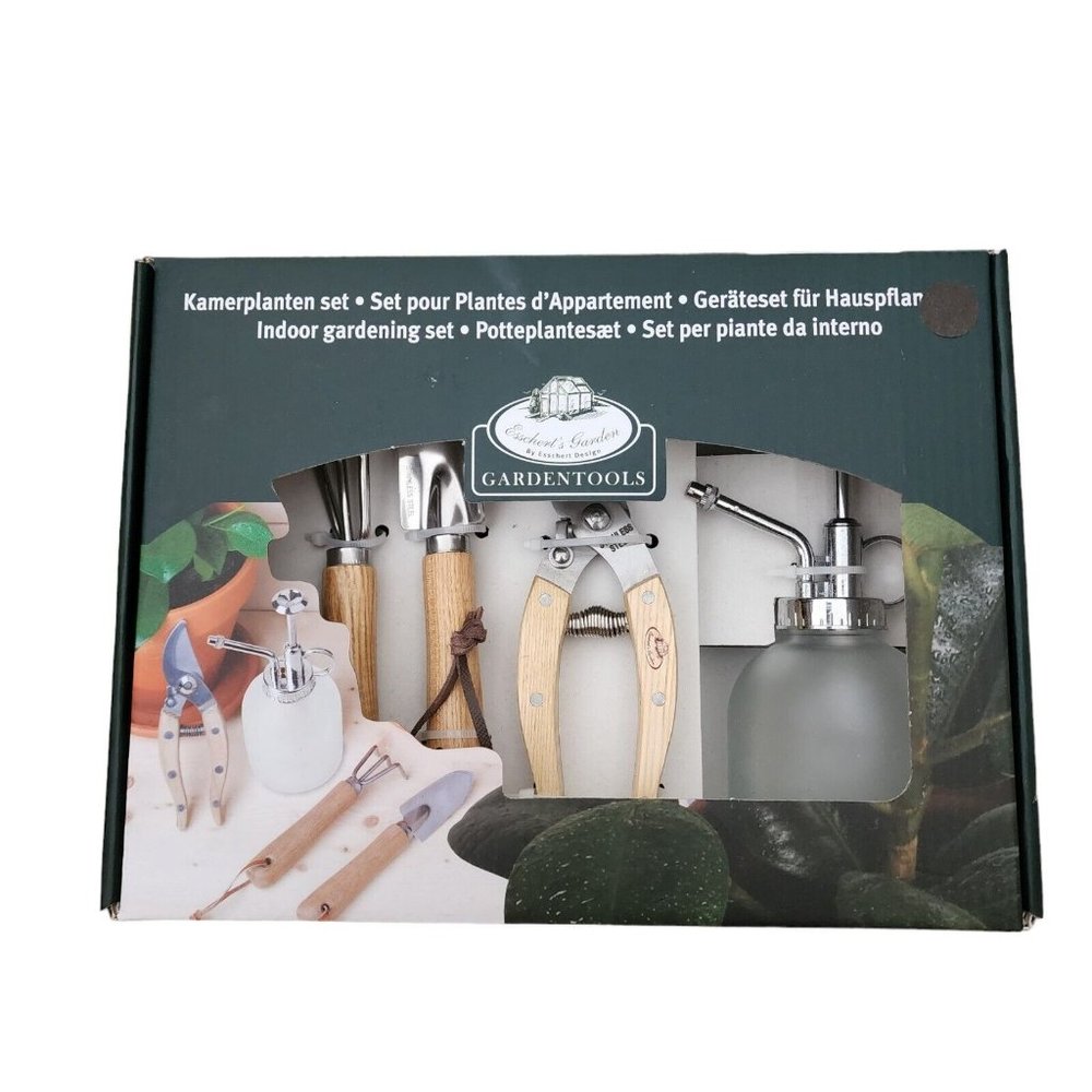 Esschert's Garden 4 Piece Gardening Tools Wood Pruner Trowel Fork Mister Set